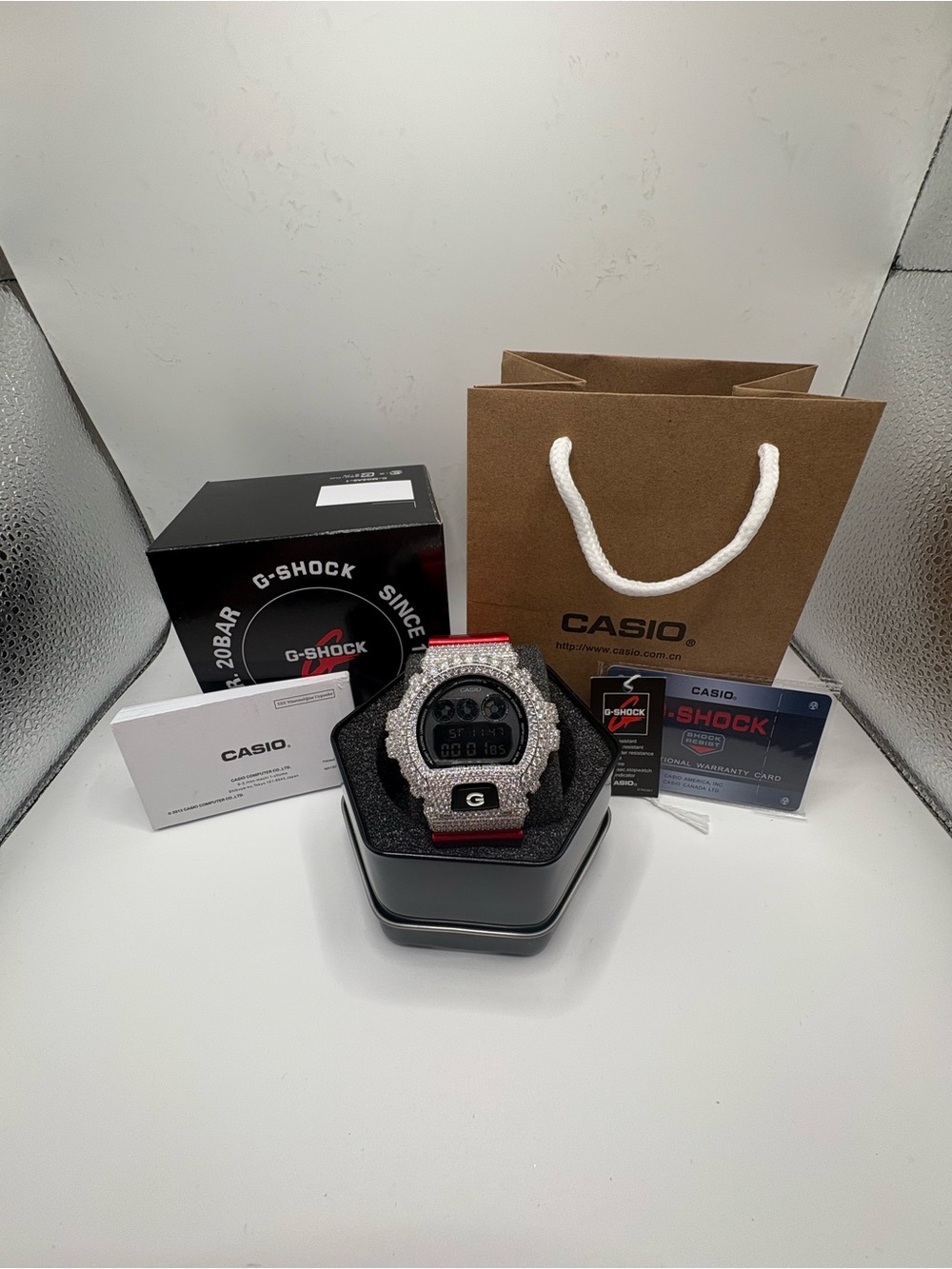 Casio G-Shock Digital Watch in Silver and Red with Sparkling Bezel